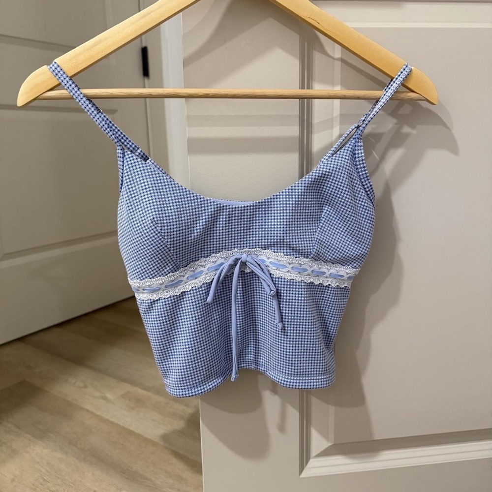 Light Blue Gingham Lace-Trim Crop Top